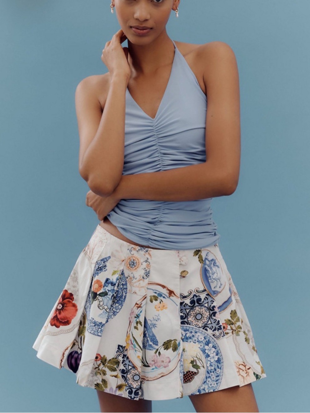 Floral Tea Towel Pleated Mini Skort - White/Blue